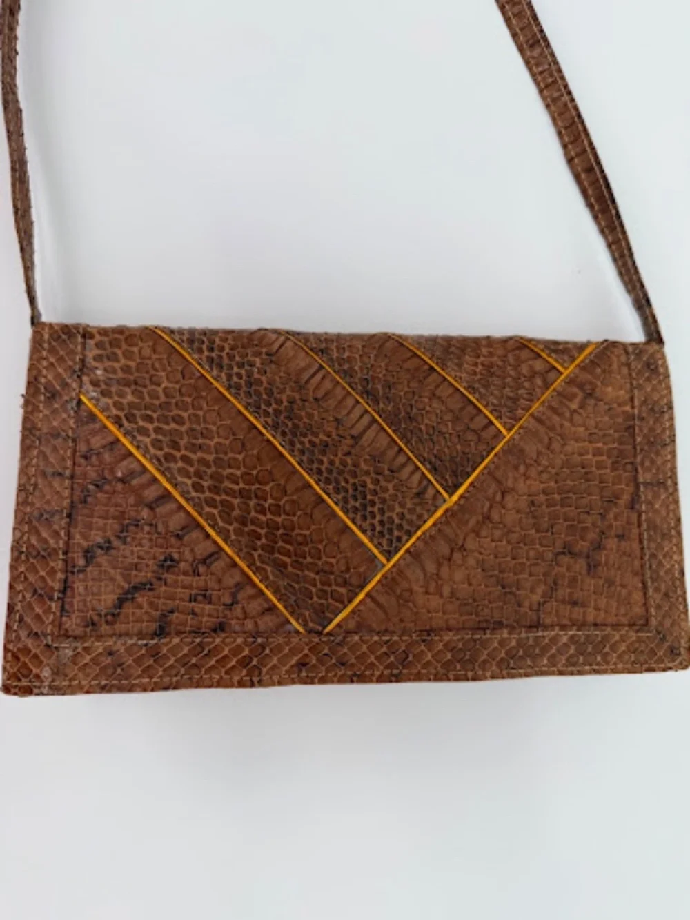Vintage Brown Patchwork Genuine Snakeskin Geometric Flap Crossbody Bag